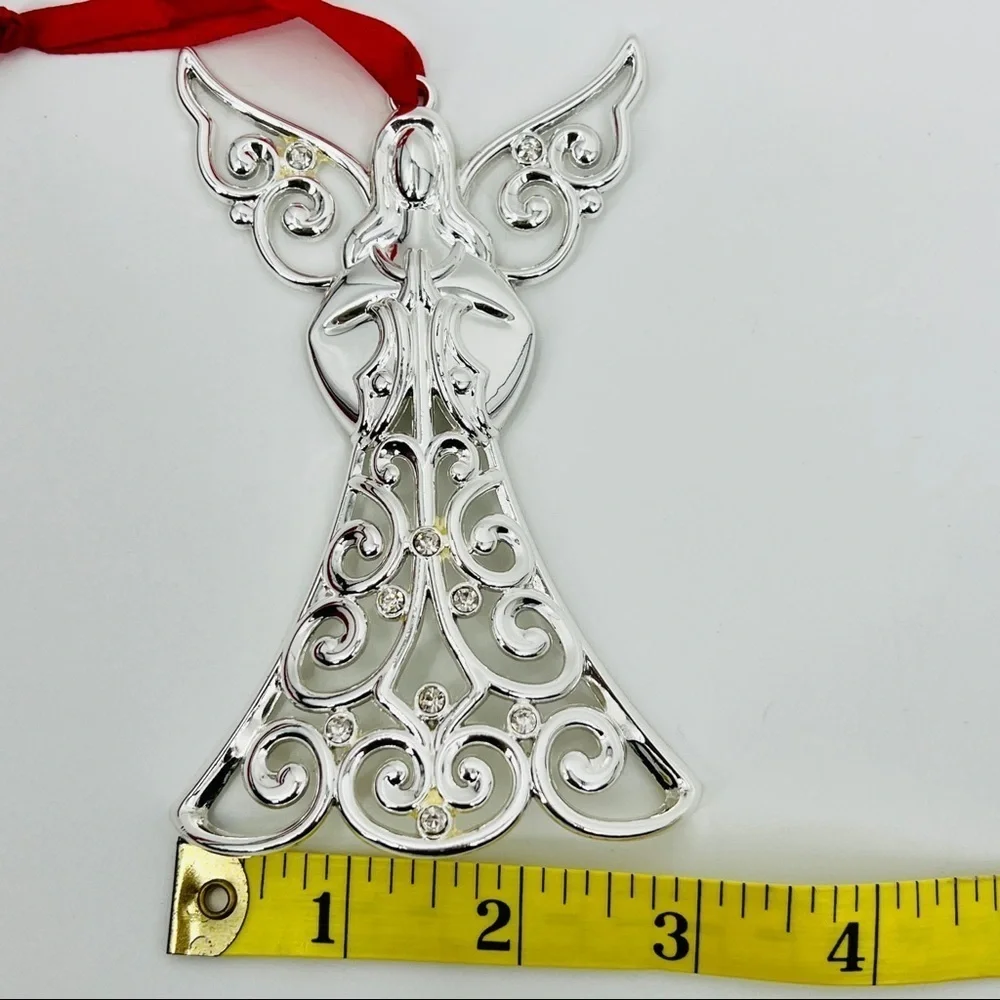 LENOX Sparkle and Scroll Clear Crystal Silver-plated Angel Ornament 5” Ribboned